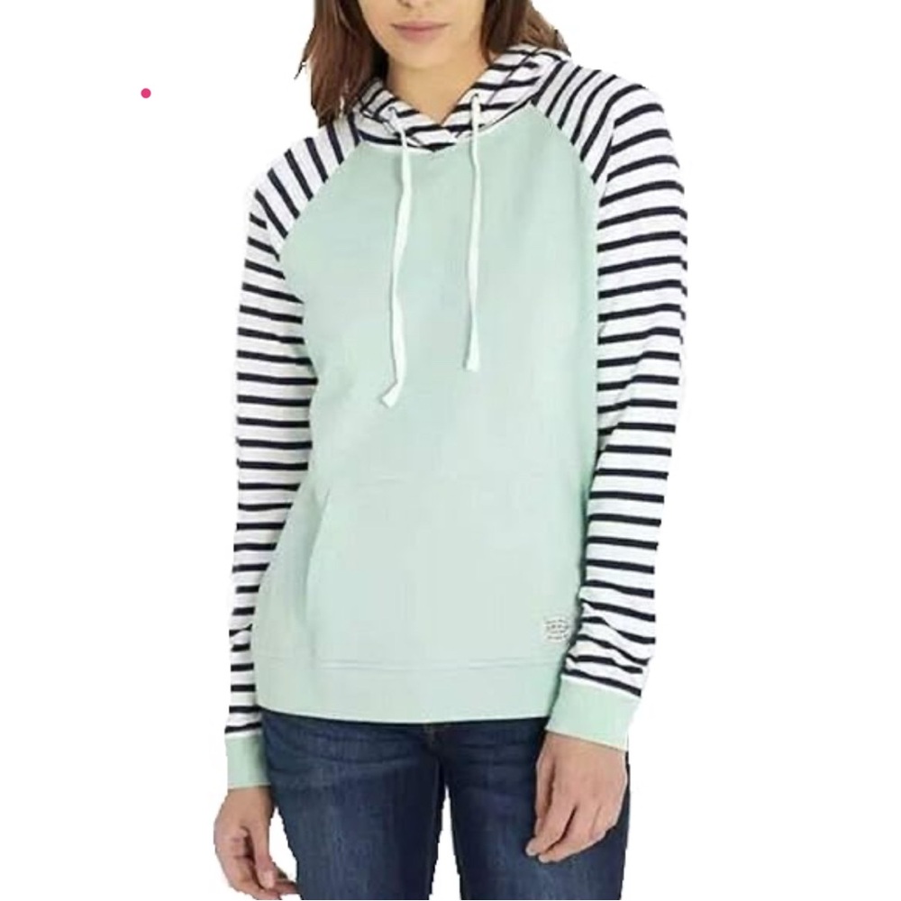 Orvis woman’s Mint Seafoam and Navy Striped knit pullover Hoodie size S
